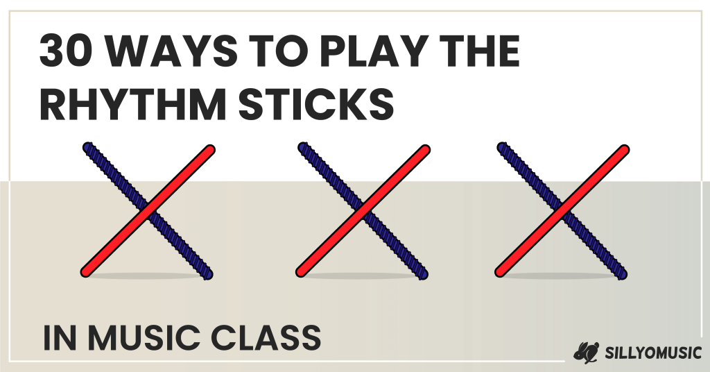 30 Ways to Play the Rhythm Sticks in Music Class. 3 red and blue sets of rhythm sticks making an X shape.