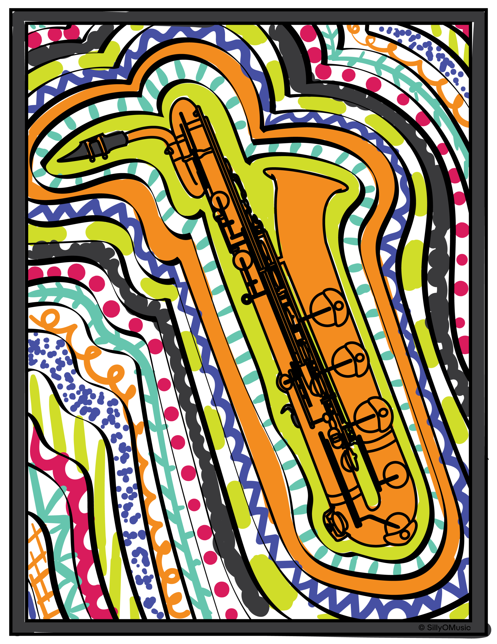 coloring page featuring a baritone saxophone