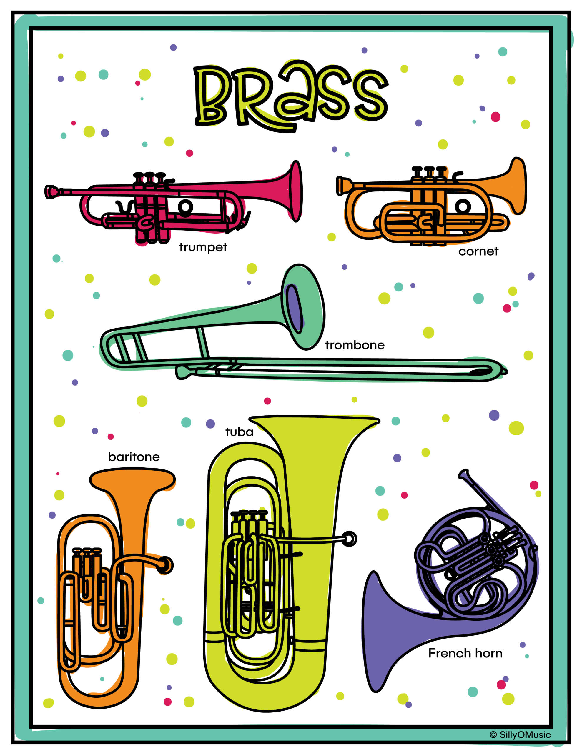coloring page featuring brass instruments
