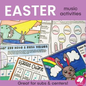 easer music printables, worksheets and games scattered about. Title reads, “Easter Music Actvities.”