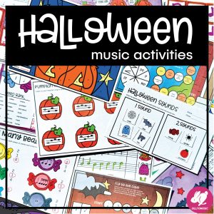 Halloween music class worksheets, games and coloring pages scattered about.