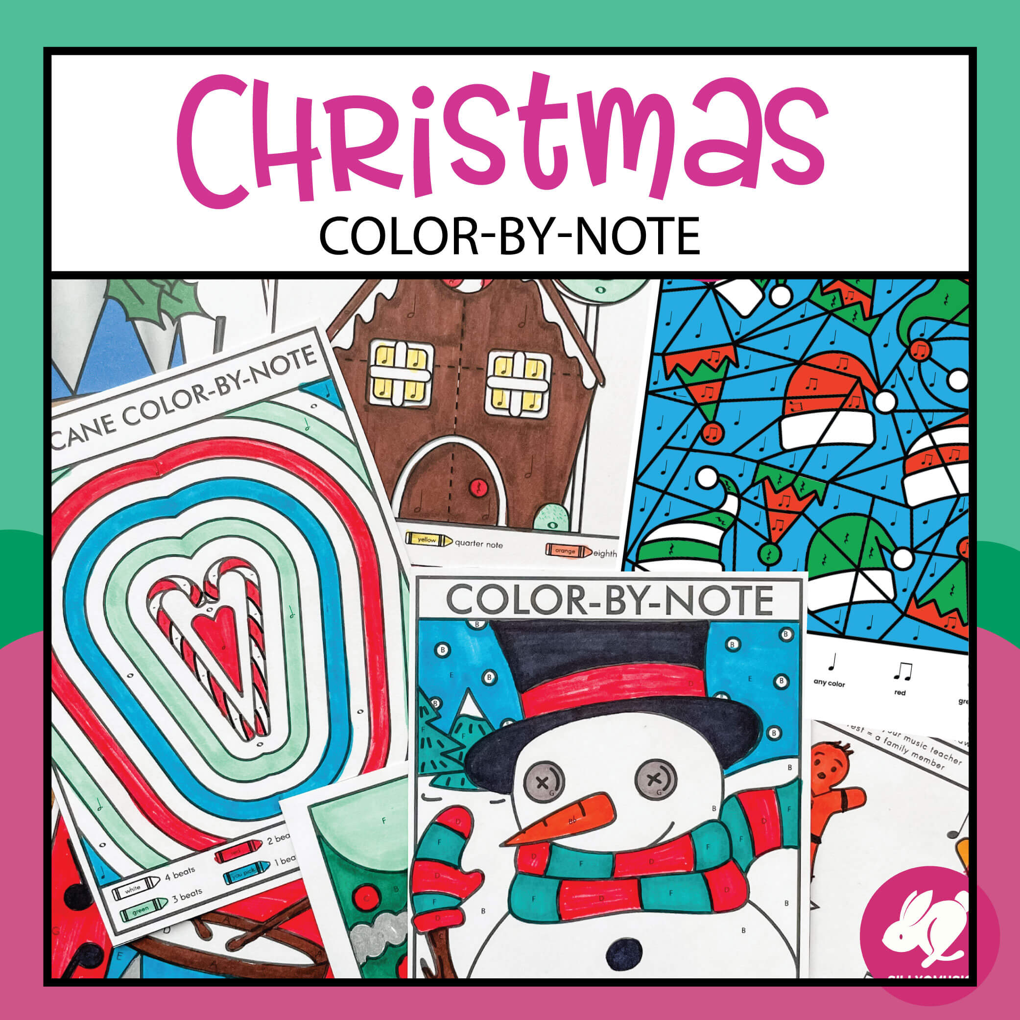 colorful christmas color by music printable pages scattered around