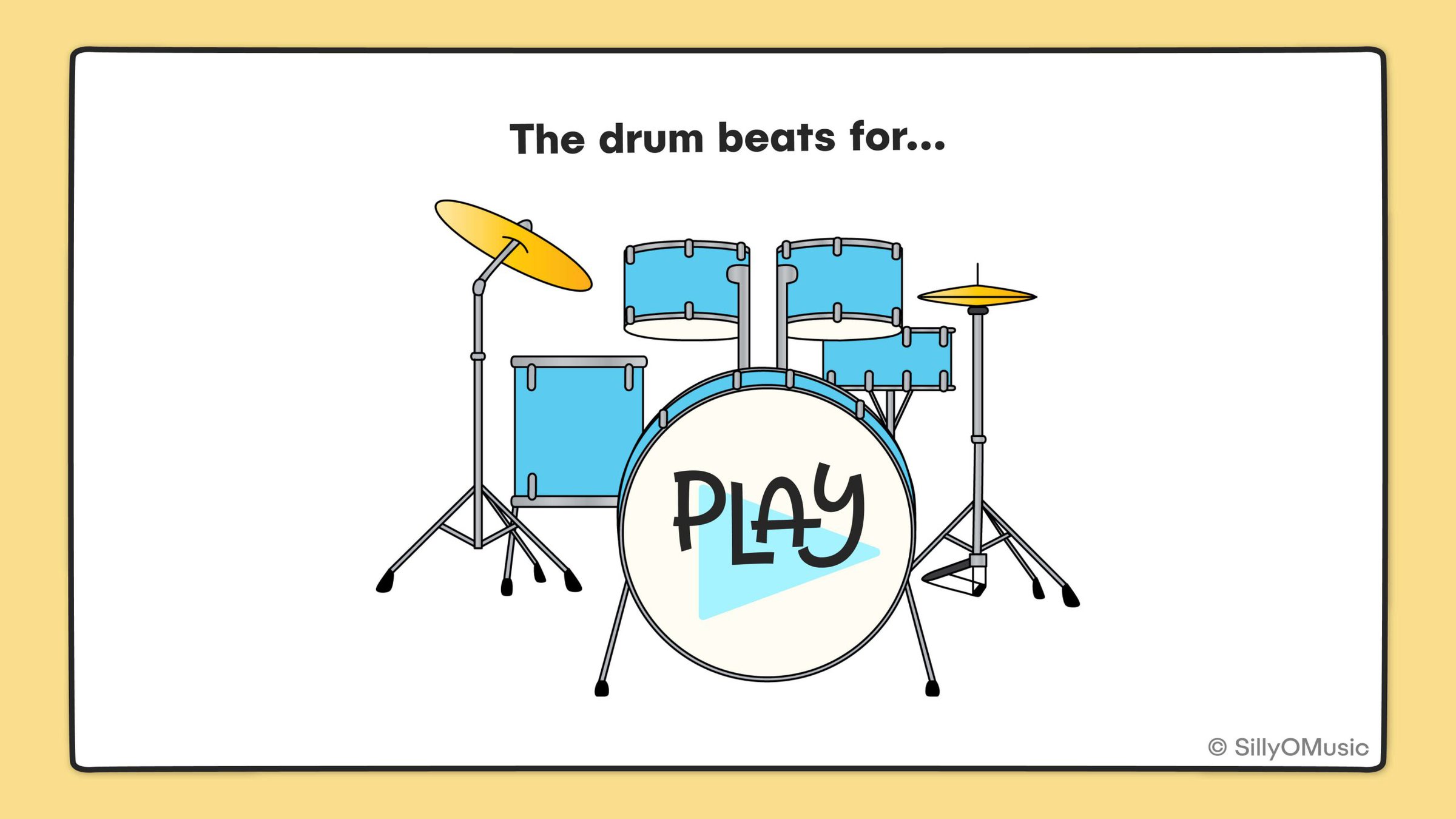Clip art drum set with a play button on the bass drum. Text reads, the drum beats for...