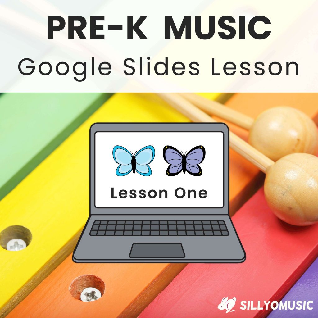 Child's xylophone in the backgroud with a clip art image of a laptop with butterflies on the screen and text that says, "lesson one." The heading reads, "Pre-K Music Google Slides Lesson."