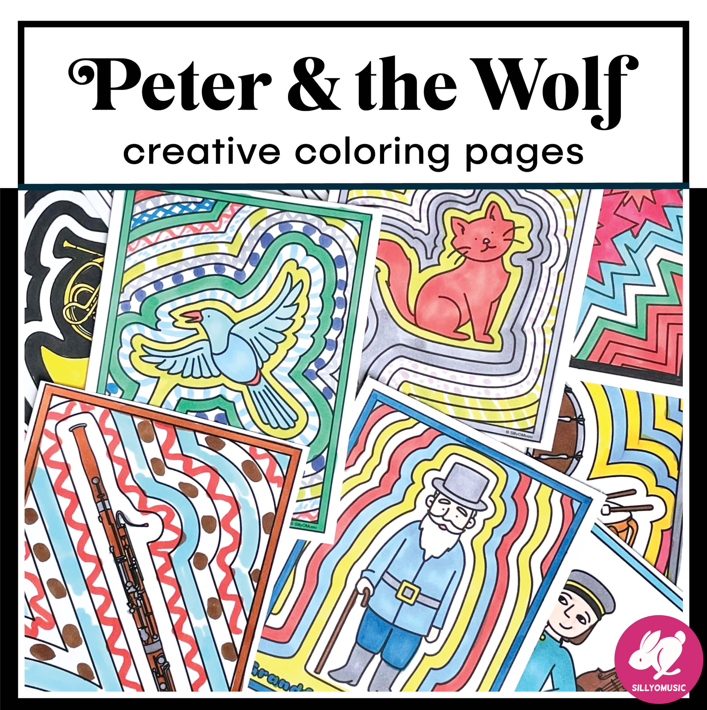 Peter and the Wolf creative coloring pages scattered about.