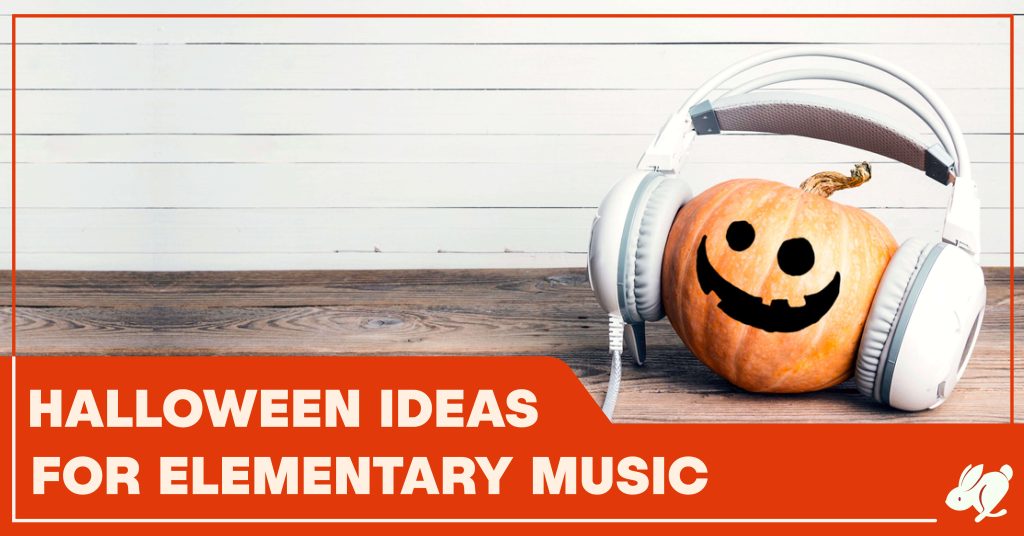 Halloween Ideas for Elementary Music: A jack-o-lantern is smiling and wearing headphones.