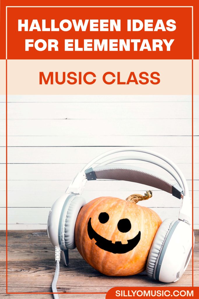 Halloween Ideas for Elementary Music Class: A jack-o-lantern is smiling and wearing headphones.
