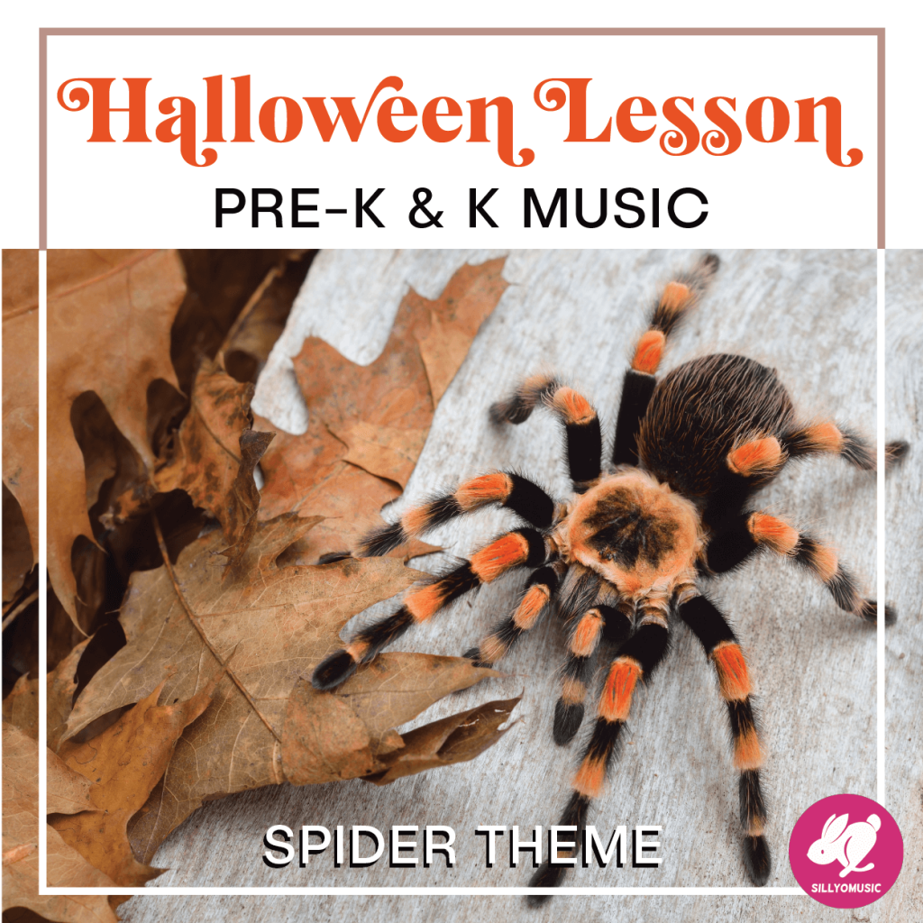 PreK and Kindergarten Halloween Lesson Plan cover with an orange tarantula crawling on a leaf. 