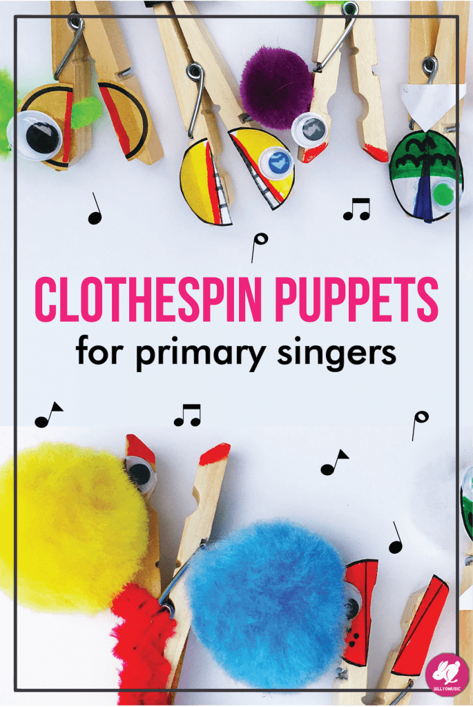 How to Make Clothespin Puppets for Shy Singers - Fun and easy student craftivity for prek, daycare, or primary elementary music class. Free printable template included. An engaging activity for non-music sub plans or a rewarding activity for a class party. You can even use them as a favor/craft for a kid's birthday party and use them to sing "Happy Birthday." #sillyomusic